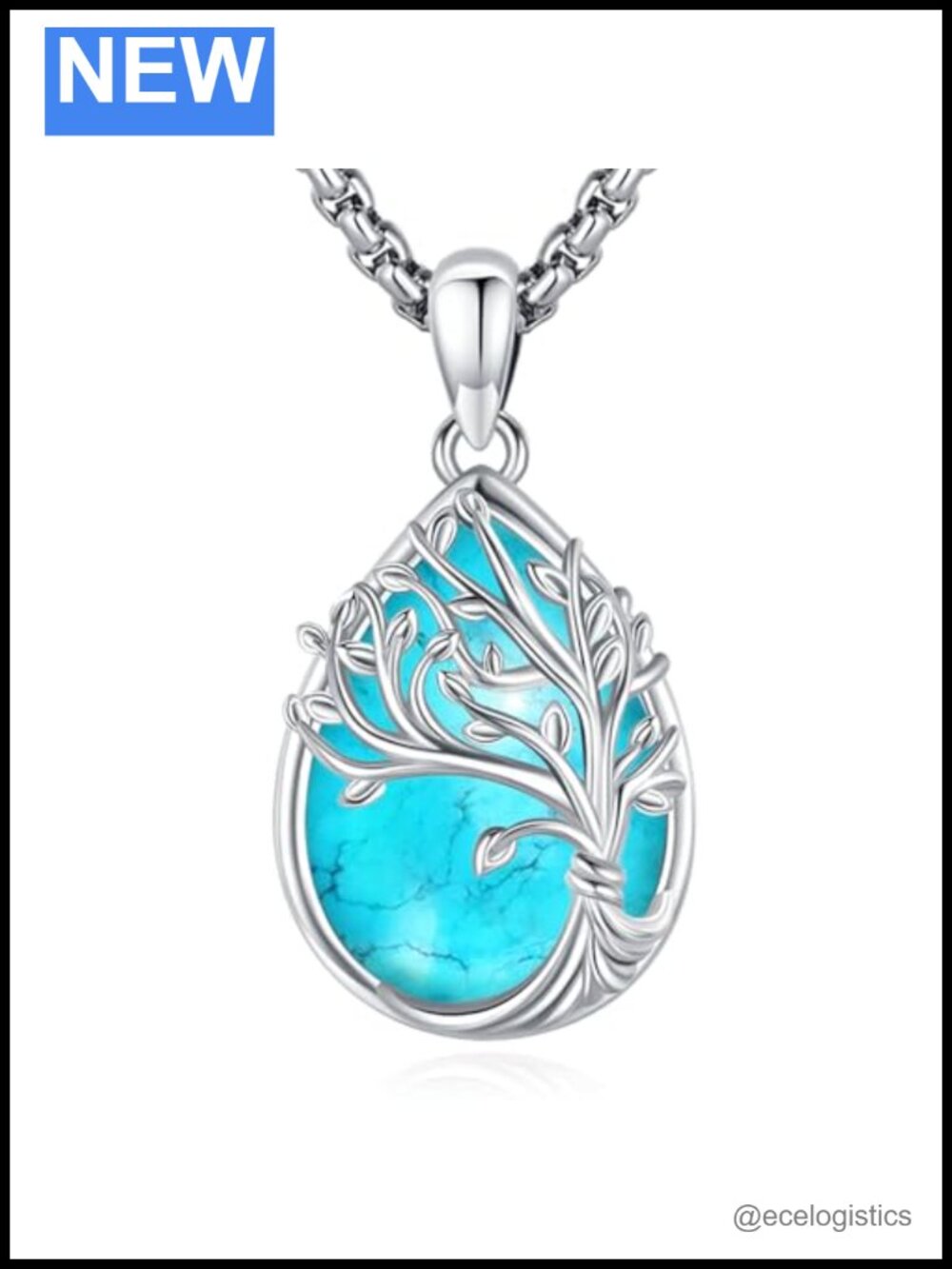 Sterling Silver Tree of Life Necklace Turquoise Pendant, 20 Inch Box Chain,